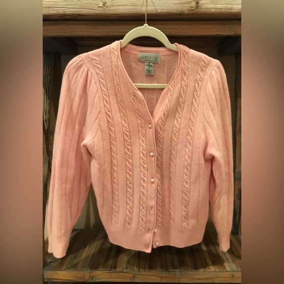 LAUREN COLE 70% Lambswool Angora Pearl Embellished Baby Pink Knit Cardigan - MP - Picture 3 of 10